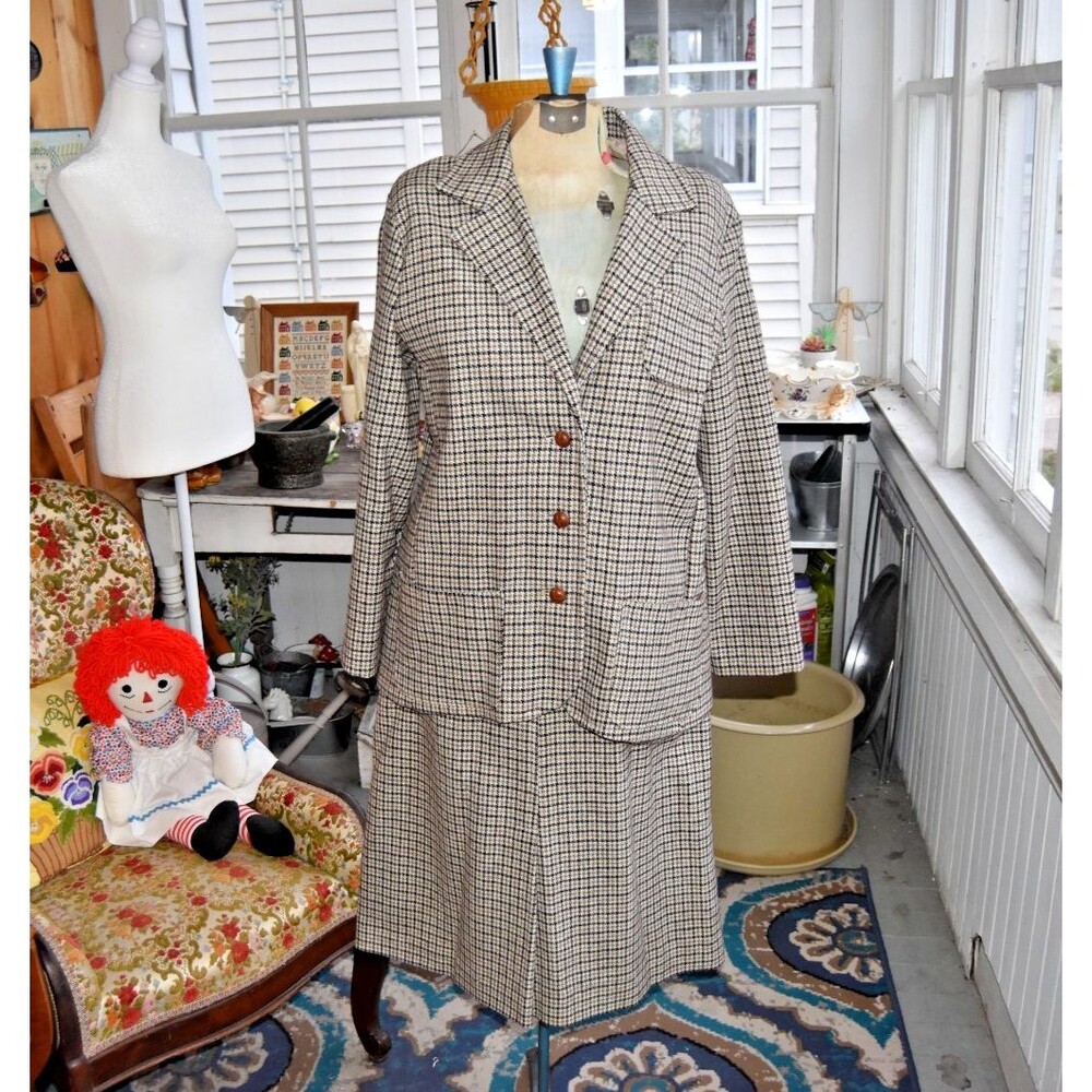 Vintage 1970s Skirt Jacket Suit Wool Plaid Houndstooth Brown Suit Size Large